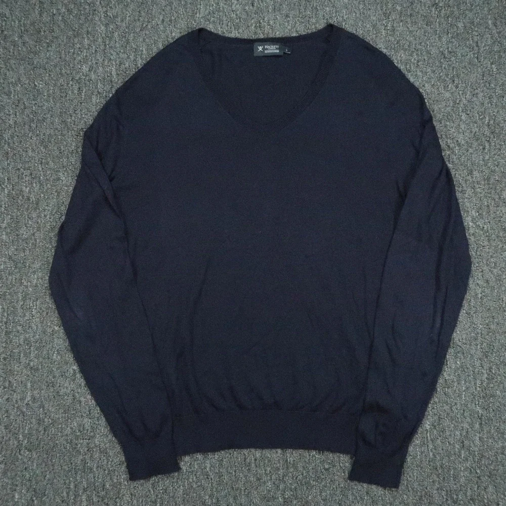 Hackett London Sweater Mens Large Blue V Neck Silk Cashmere Long Sleeve Knit
